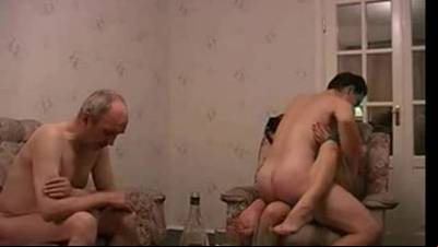 Russian blonde in thresome with old man and young guy
